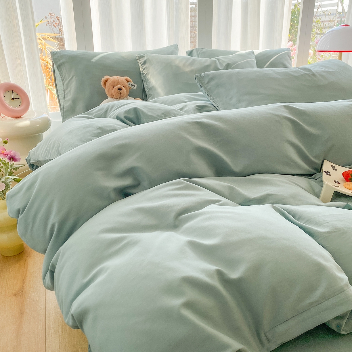 91家纺网 家纺一手货源 找家纺 女子家纺 2026新款全棉纯棉水洗棉布标四件套 浅蓝