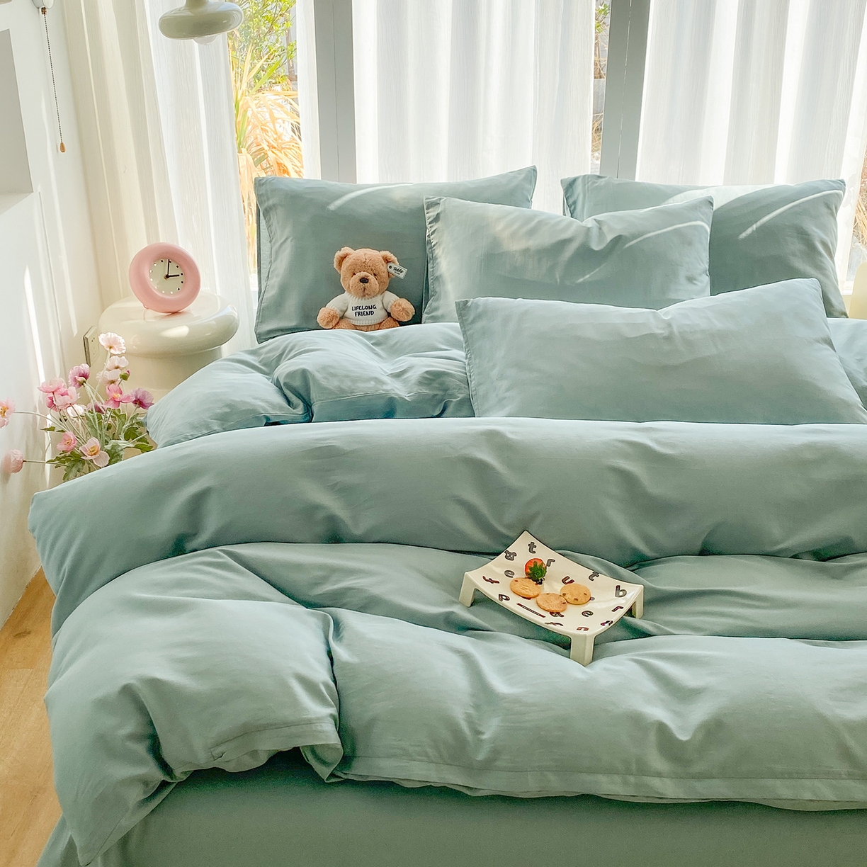 91家纺网 家纺一手货源 找家纺 女子家纺 2026新款全棉纯棉水洗棉布标四件套 浅蓝