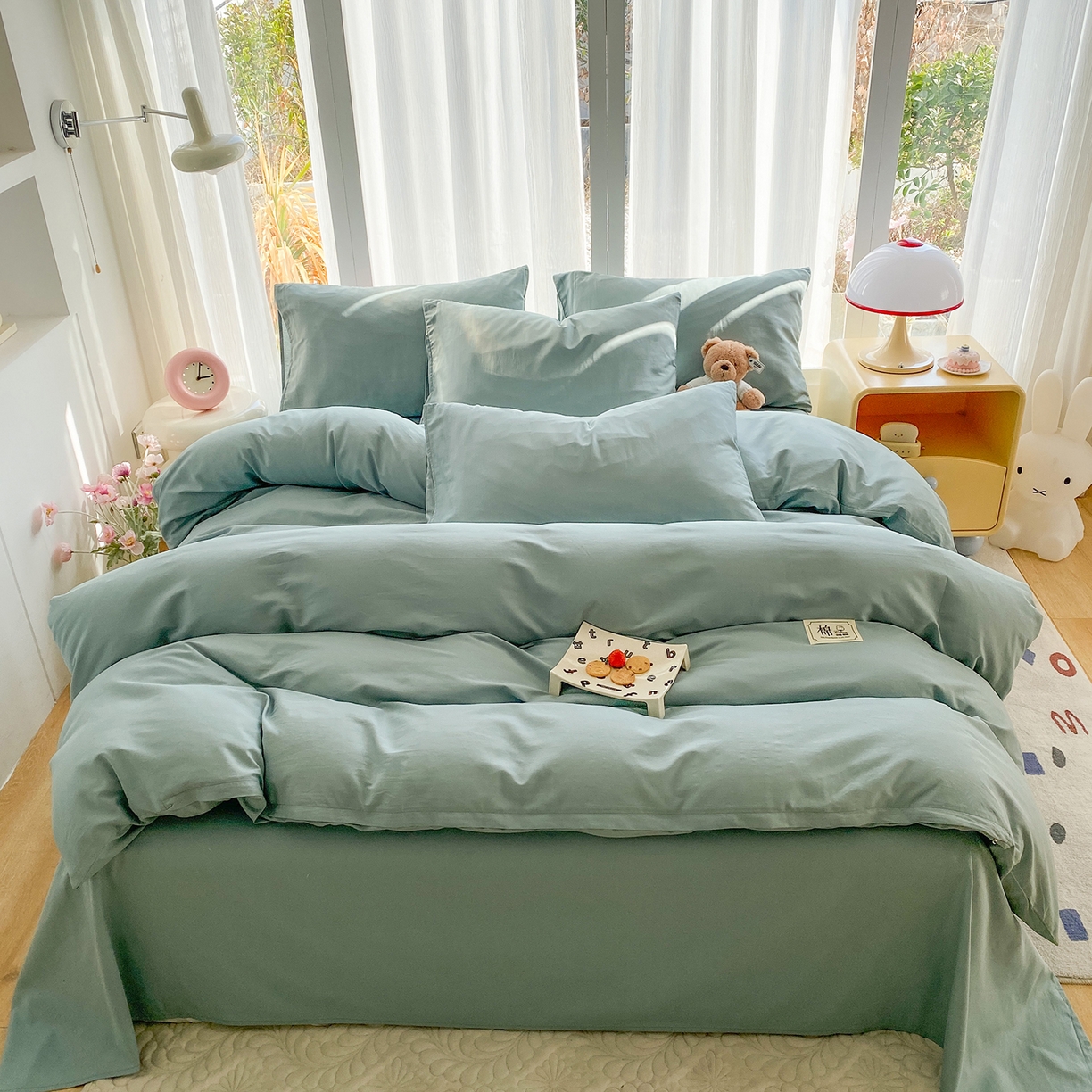 91家纺网 家纺一手货源 找家纺 女子家纺 2026新款全棉纯棉水洗棉布标四件套 浅蓝