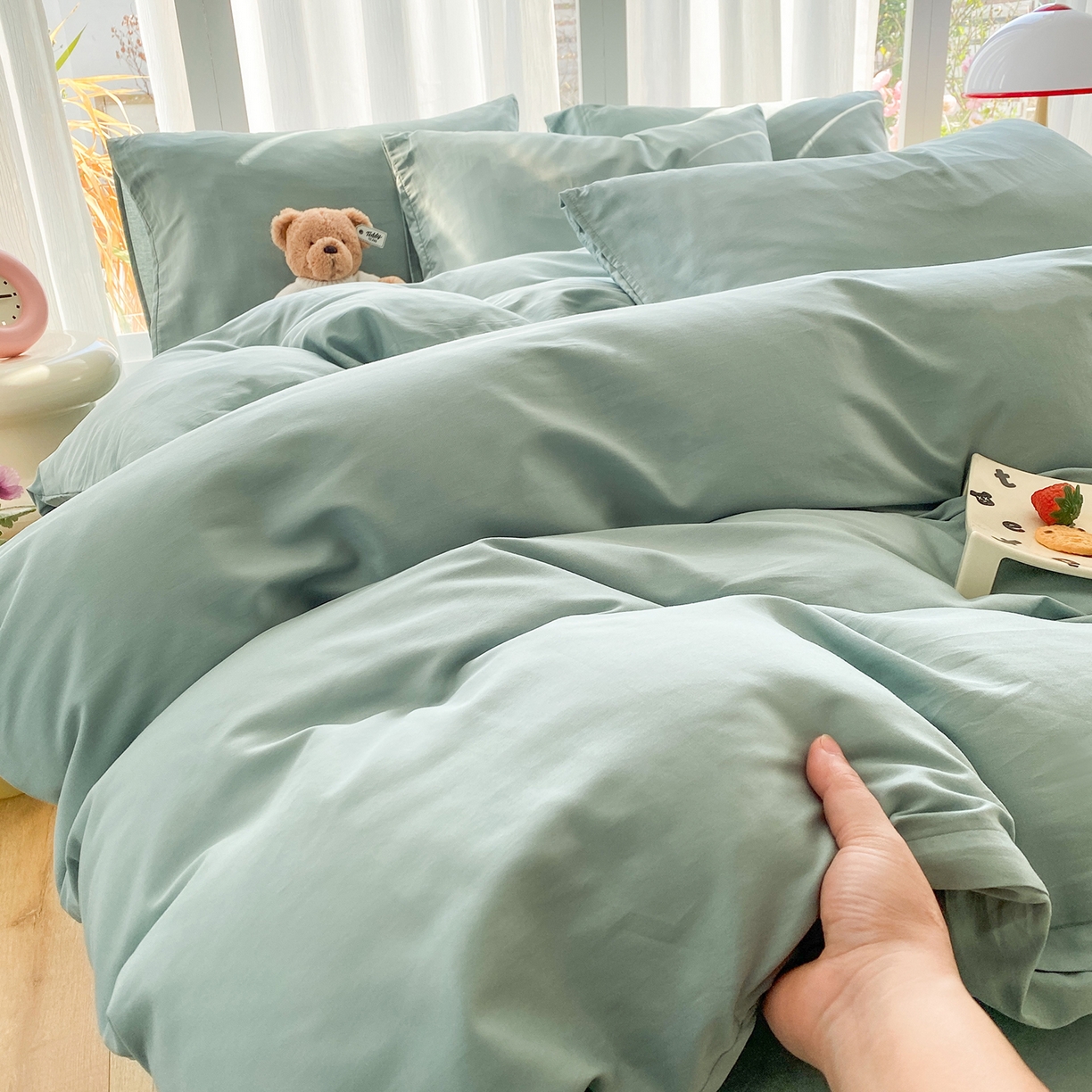 91家纺网 家纺一手货源 找家纺 女子家纺 2026新款全棉纯棉水洗棉布标四件套 浅蓝