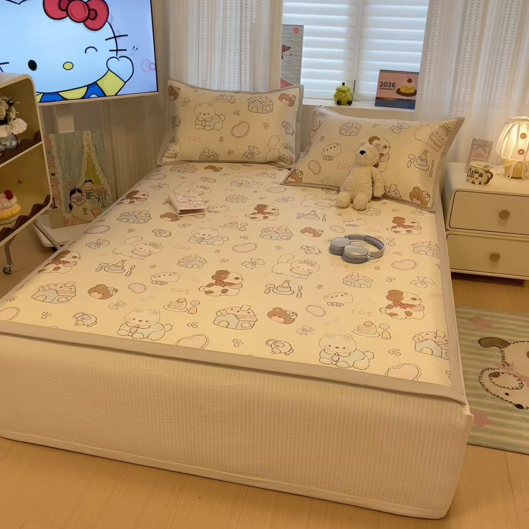 91家纺网 家纺一手货源 找家纺 懒猫家纺 2026春夏新款600D数码印花冰藤凉席席子-床席款 甜品小屋