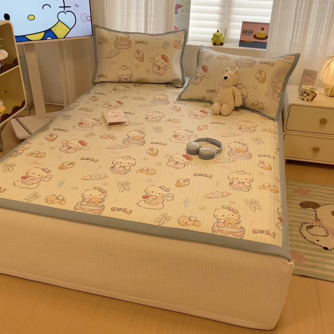 91家纺网 家纺一手货源 找家纺 懒猫家纺 2026春夏新款600D数码印花冰藤凉席席子-床席款 甜心天使