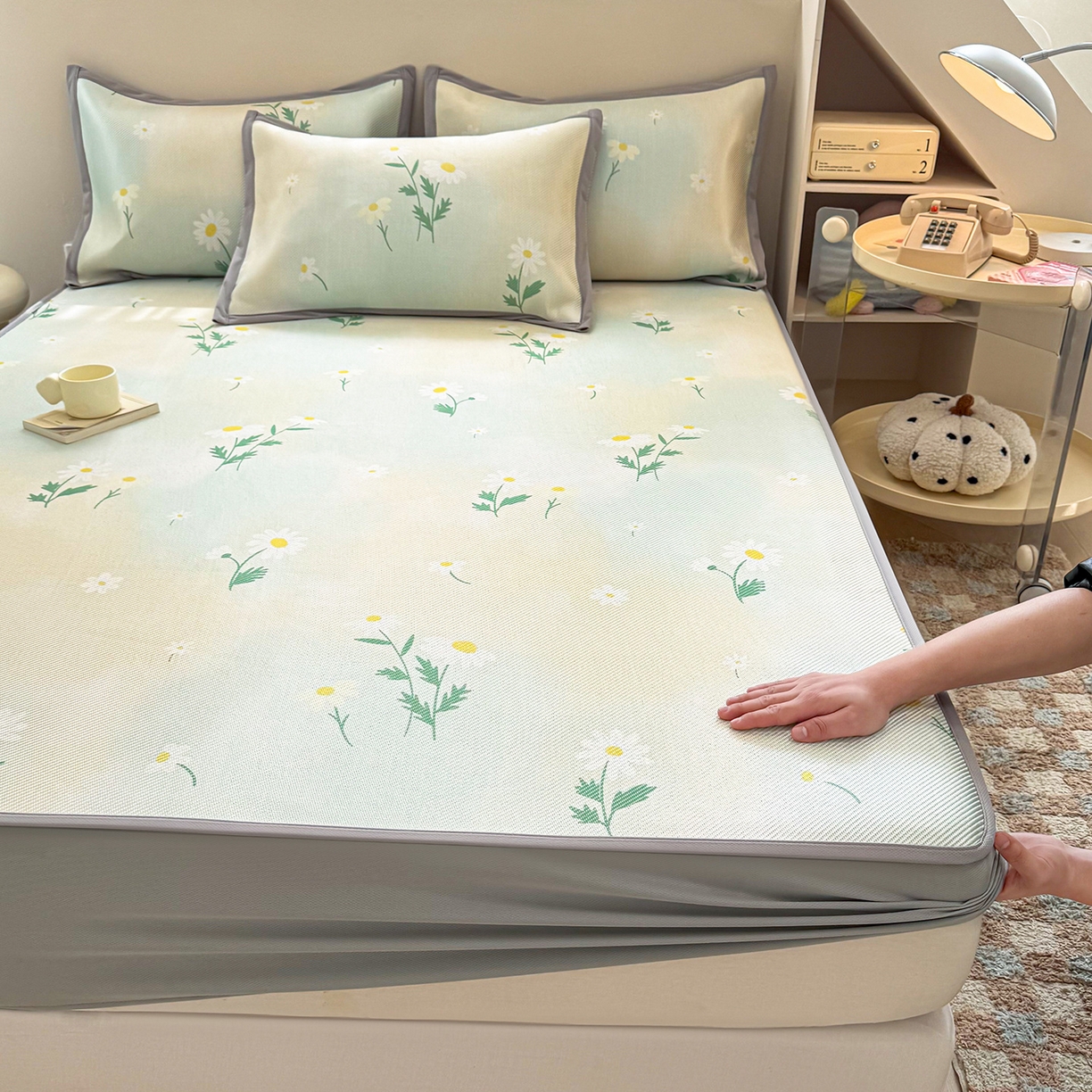 91家纺网 家纺一手货源 找家纺 （总）懒猫家纺 2026春夏新款600D数码印花冰藤凉席席子-床笠款