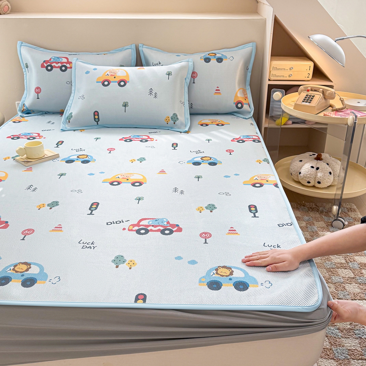 91家纺网 家纺一手货源 找家纺 （总）懒猫家纺 2026春夏新款600D数码印花冰藤凉席席子-床笠款