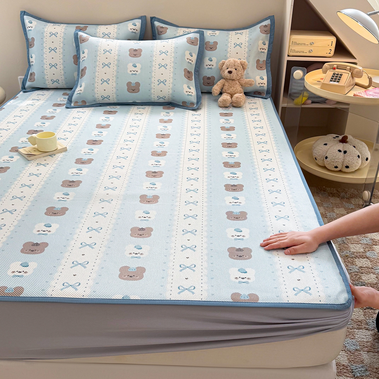 91家纺网 家纺一手货源 找家纺 （总）懒猫家纺 2026春夏新款600D数码印花冰藤凉席席子-床笠款