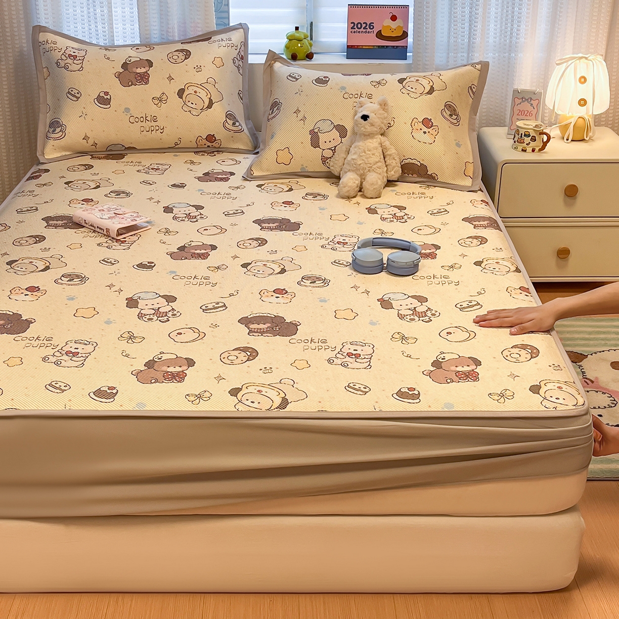 91家纺网 家纺一手货源 找家纺 （总）懒猫家纺 2026春夏新款600D数码印花冰藤凉席席子-床笠款