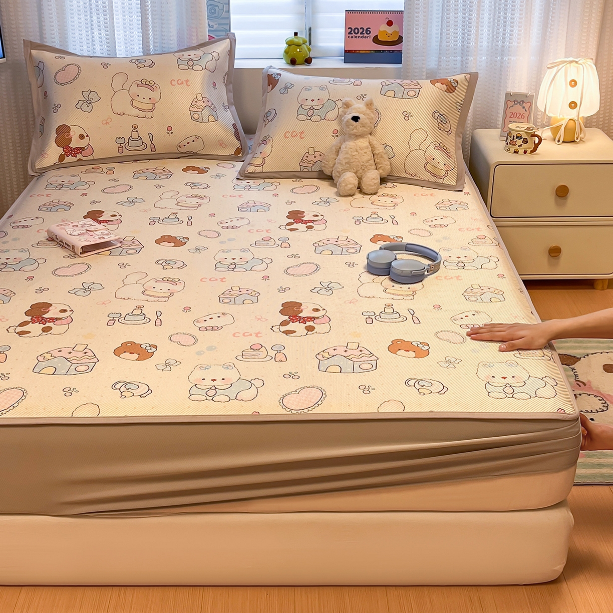 91家纺网 家纺一手货源 找家纺 （总）懒猫家纺 2026春夏新款600D数码印花冰藤凉席席子-床笠款