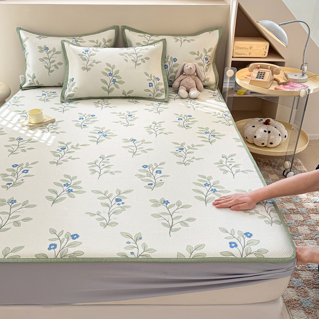 91家纺网 家纺一手货源 找家纺 （总）懒猫家纺 2026春夏新款600D数码印花冰藤凉席席子-床笠款