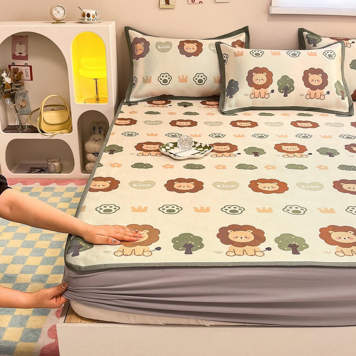 91家纺网 家纺一手货源 找家纺 （总）懒猫家纺 2026春夏新款600D数码印花冰藤凉席席子-床笠款