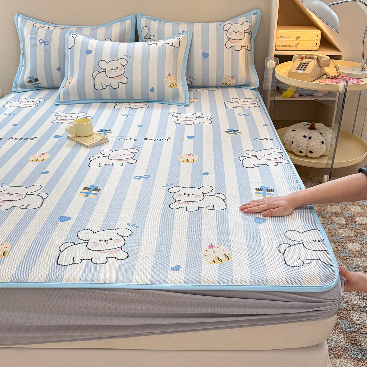 91家纺网 家纺一手货源 找家纺 （总）懒猫家纺 2026春夏新款600D数码印花冰藤凉席席子-床笠款