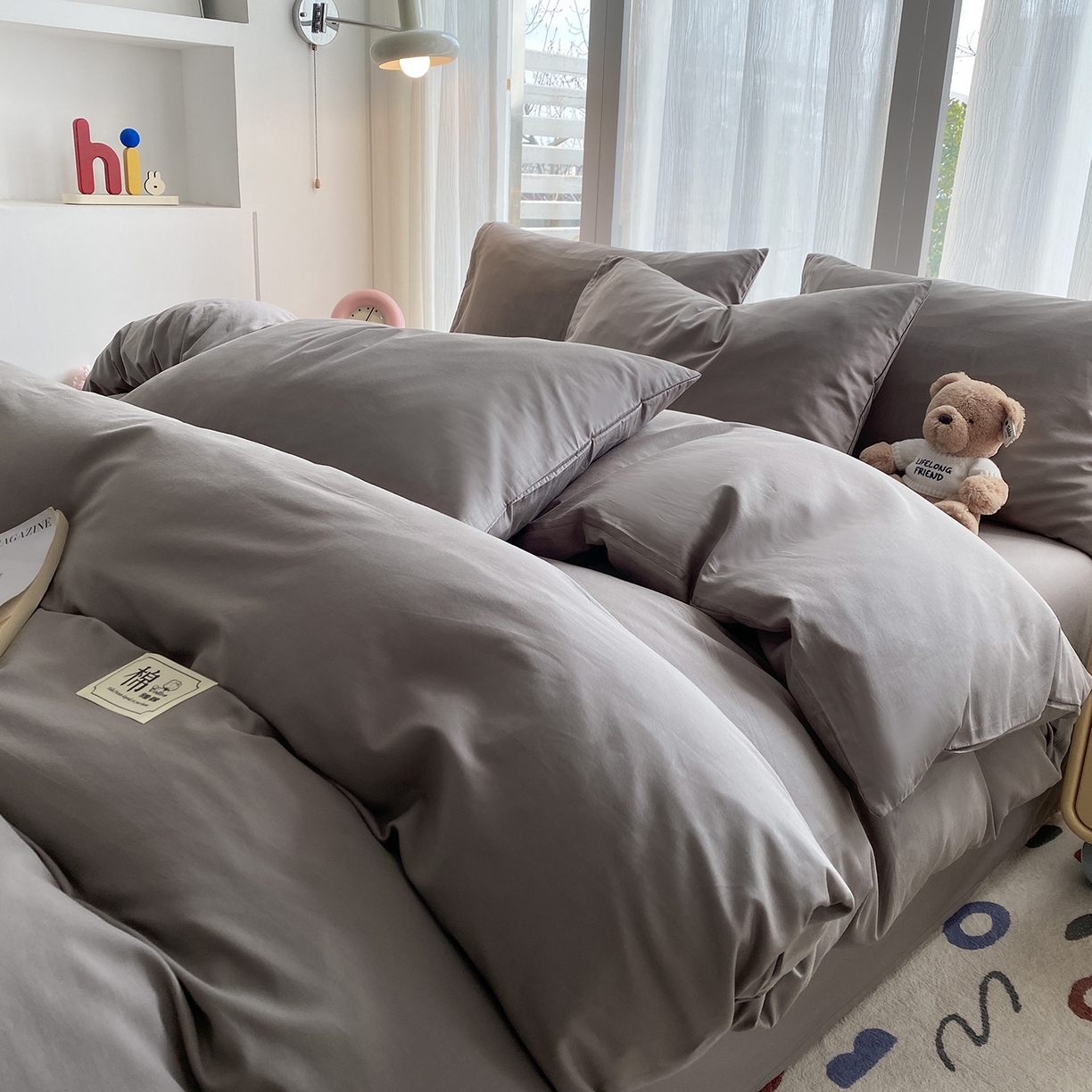 女子家纺 2026新款全棉纯棉水洗棉布标四件套 时尚灰