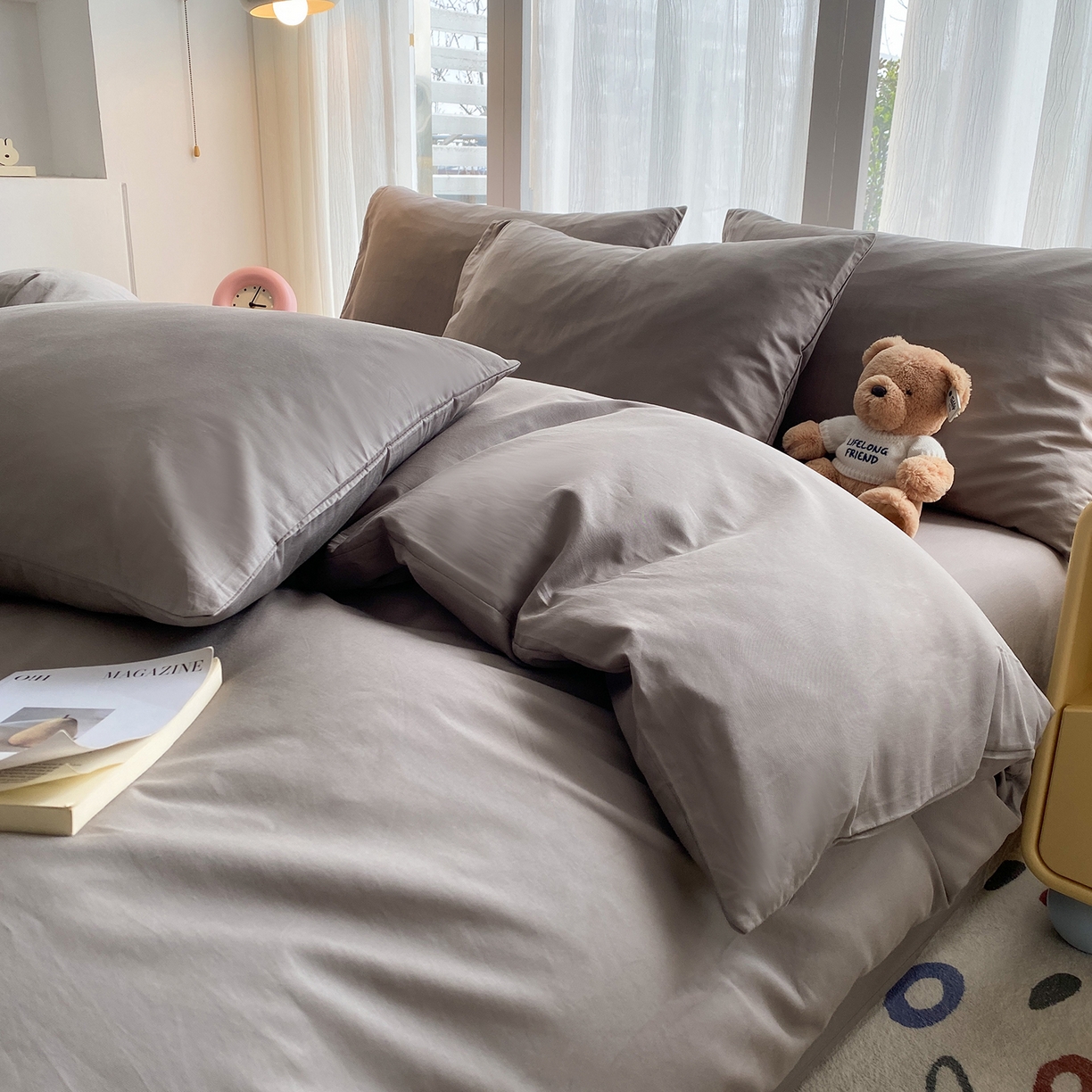 91家纺网 家纺一手货源 找家纺 女子家纺 2026新款全棉纯棉水洗棉布标四件套 时尚灰