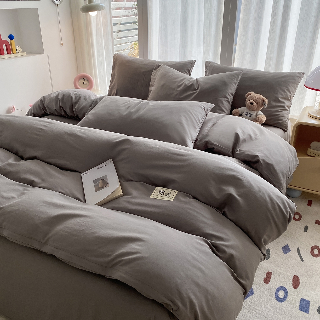 91家纺网 家纺一手货源 找家纺 女子家纺 2026新款全棉纯棉水洗棉布标四件套 时尚灰