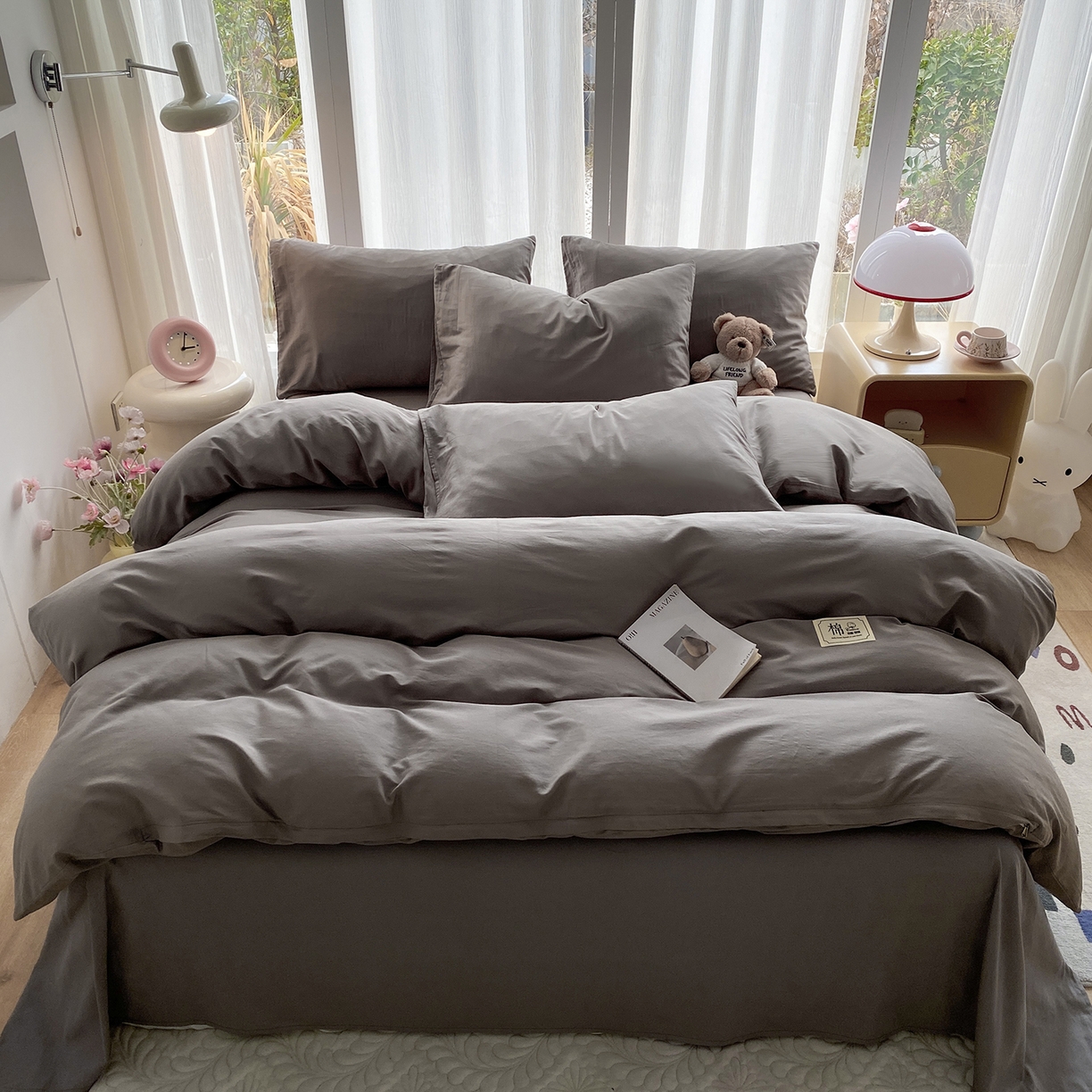 91家纺网 家纺一手货源 找家纺 女子家纺 2026新款全棉纯棉水洗棉布标四件套 时尚灰