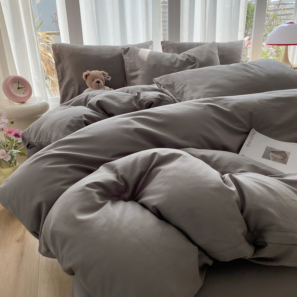 91家纺网 家纺一手货源 找家纺 女子家纺 2026新款全棉纯棉水洗棉布标四件套 时尚灰