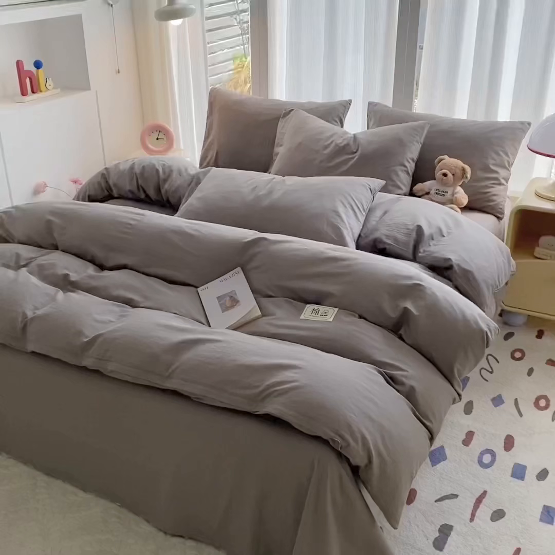 91家纺网 家纺一手货源 找家纺 女子家纺 2026新款全棉纯棉水洗棉布标四件套 时尚灰