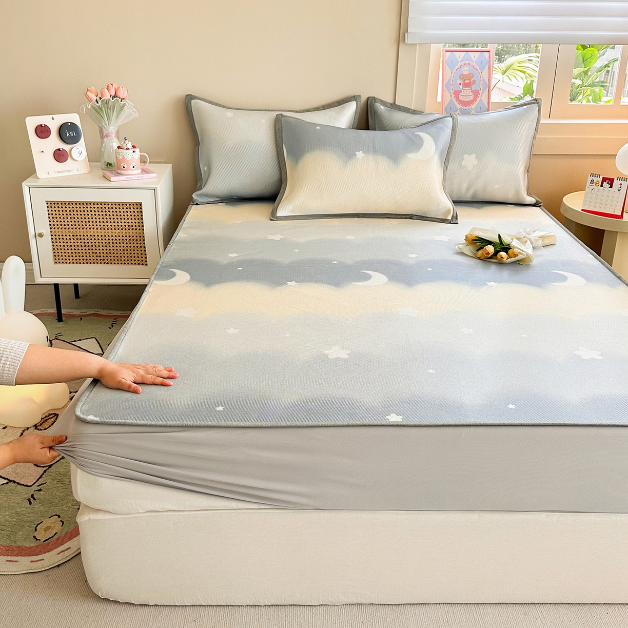 懒猫家纺 2026春夏新款600D数码印花冰藤凉席席子-床笠款 星月