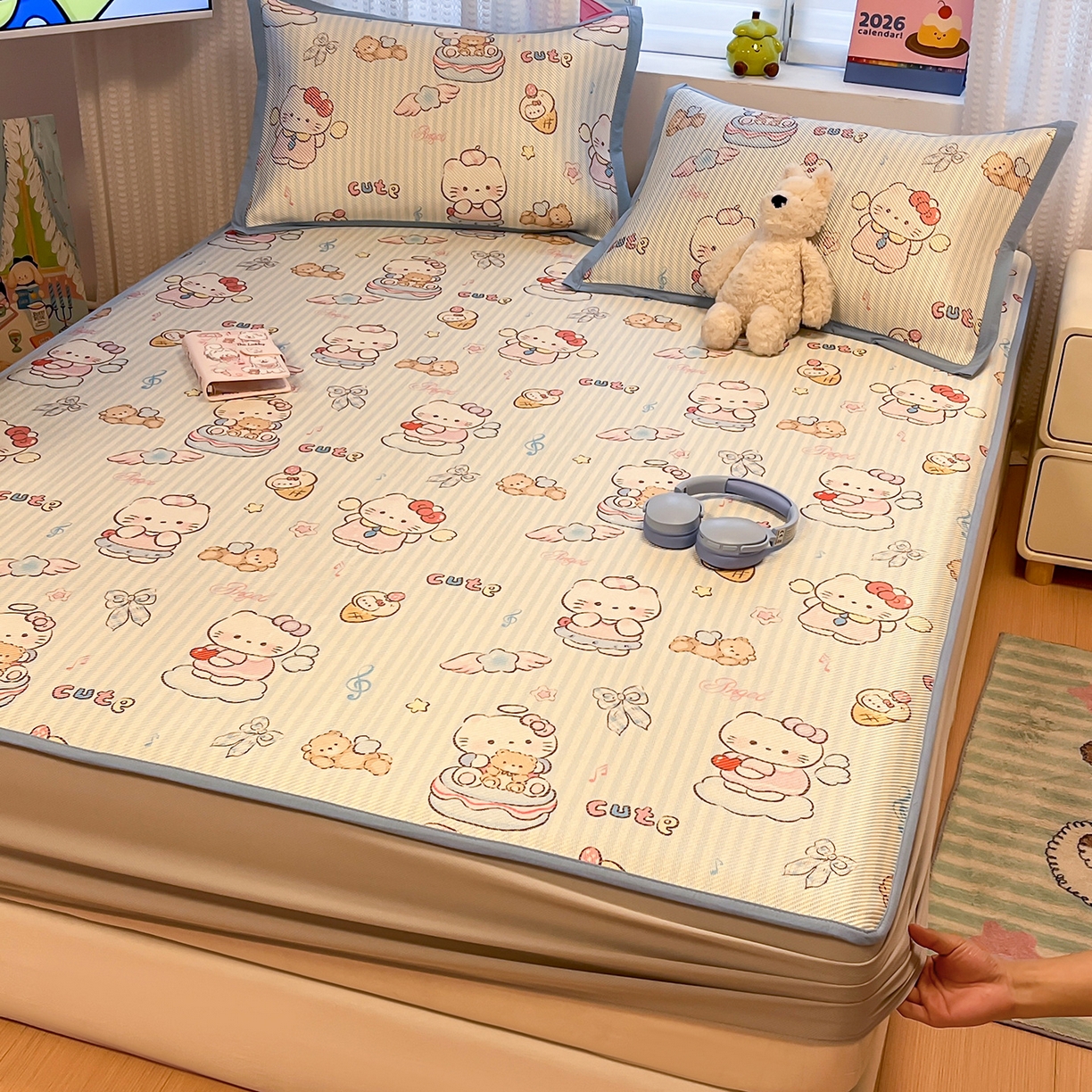 91家纺网 家纺一手货源 找家纺 懒猫家纺 2026春夏新款600D数码印花冰藤凉席席子-床笠款 甜心天使