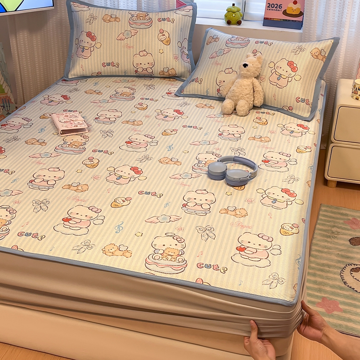 91家纺网 家纺一手货源 找家纺 懒猫家纺 2026春夏新款600D数码印花冰藤凉席席子-床笠款 甜心天使