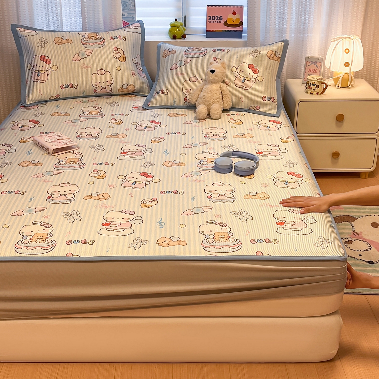 懒猫家纺 2026春夏新款600D数码印花冰藤凉席席子-床笠款 甜心天使