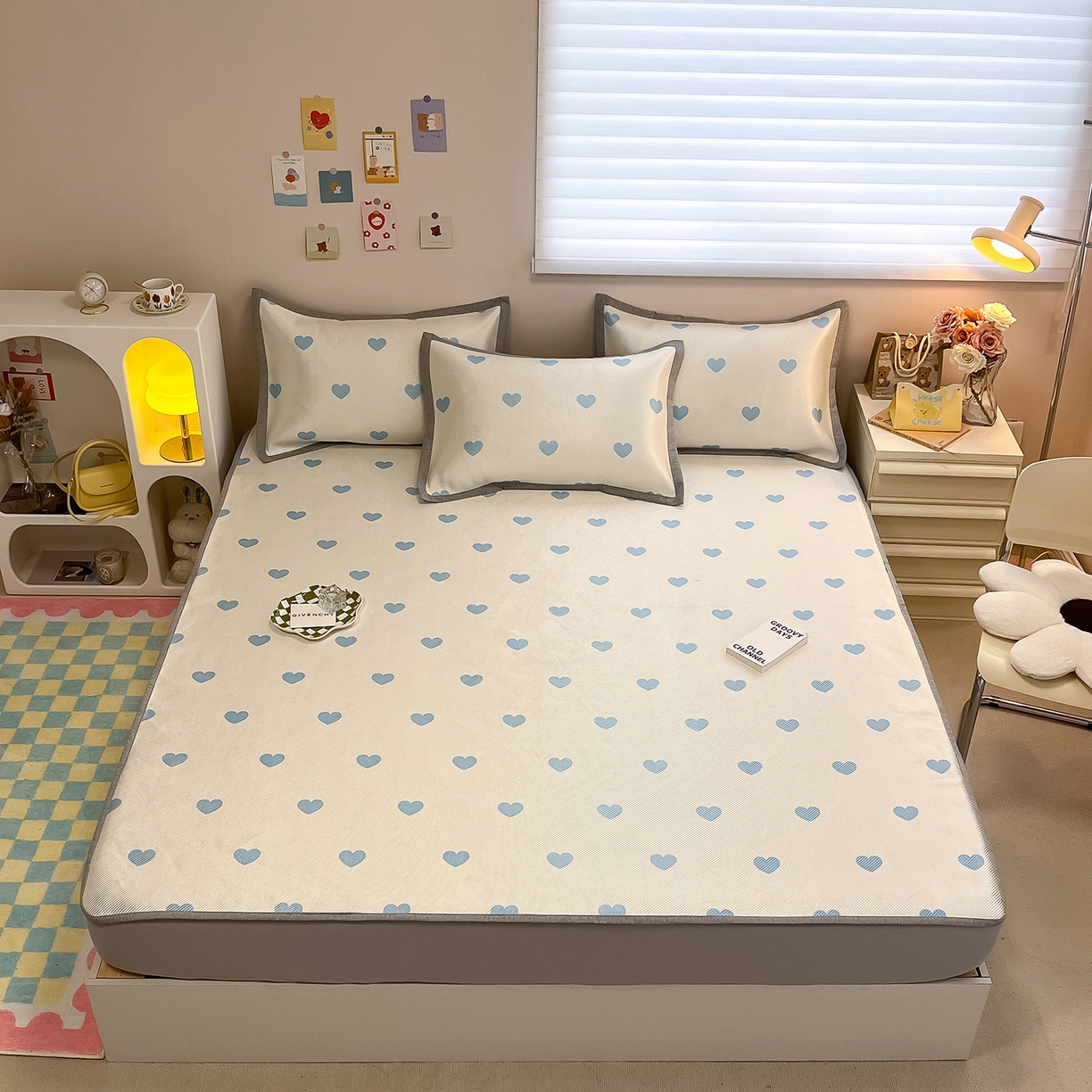 91家纺网 家纺一手货源 找家纺 懒猫家纺 2026春夏新款600D数码印花冰藤凉席席子-床笠款 小爱心