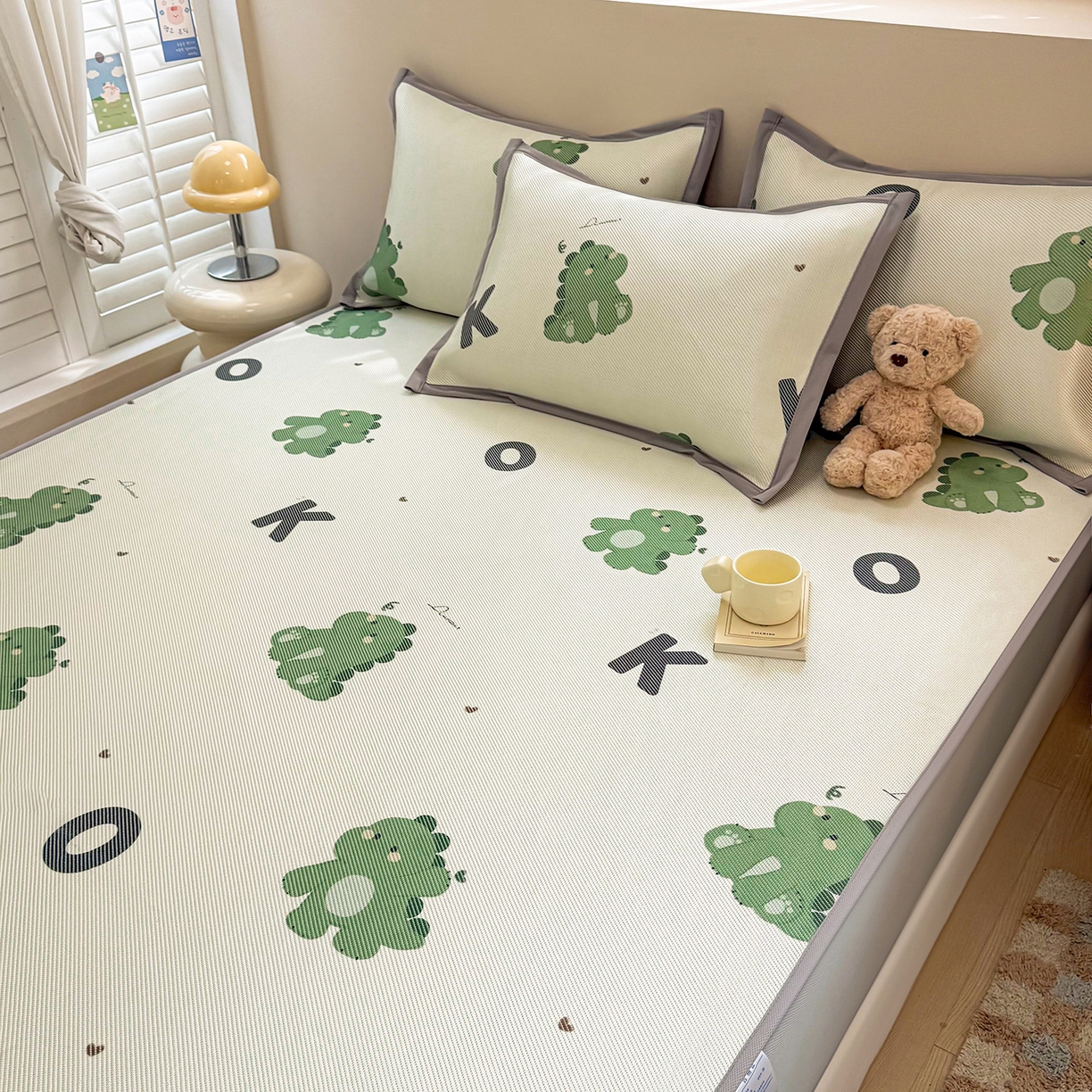 91家纺网 家纺一手货源 找家纺 懒猫家纺 2026春夏新款600D数码印花冰藤凉席席子-床笠款 小恐龙怪兽