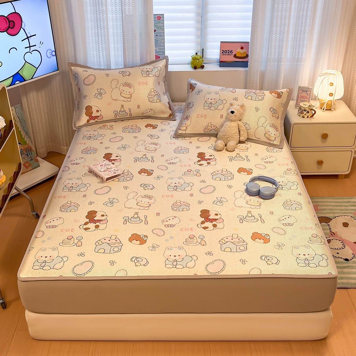 91家纺网 家纺一手货源 找家纺 懒猫家纺 2026春夏新款600D数码印花冰藤凉席席子-床笠款 甜品小屋