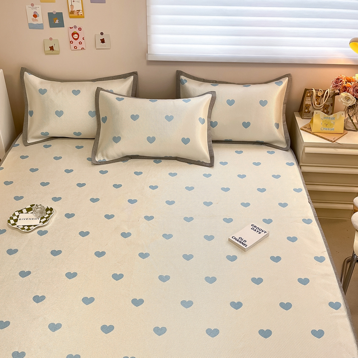 91家纺网 家纺一手货源 找家纺 懒猫家纺 2026春夏新款600D数码印花冰藤凉席席子-床笠款 小爱心