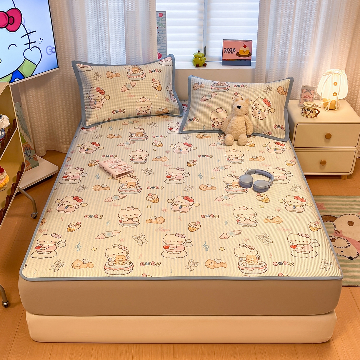 91家纺网 家纺一手货源 找家纺 懒猫家纺 2026春夏新款600D数码印花冰藤凉席席子-床笠款 甜心天使