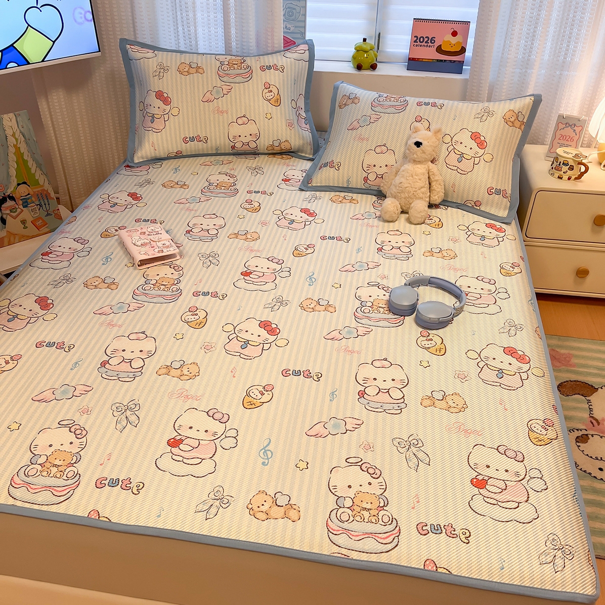 91家纺网 家纺一手货源 找家纺 懒猫家纺 2026春夏新款600D数码印花冰藤凉席席子-床笠款 甜心天使