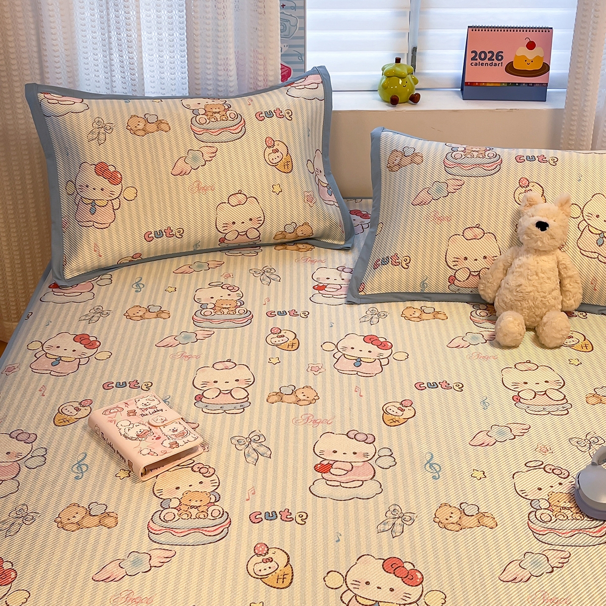 91家纺网 家纺一手货源 找家纺 懒猫家纺 2026春夏新款600D数码印花冰藤凉席席子-床笠款 甜心天使