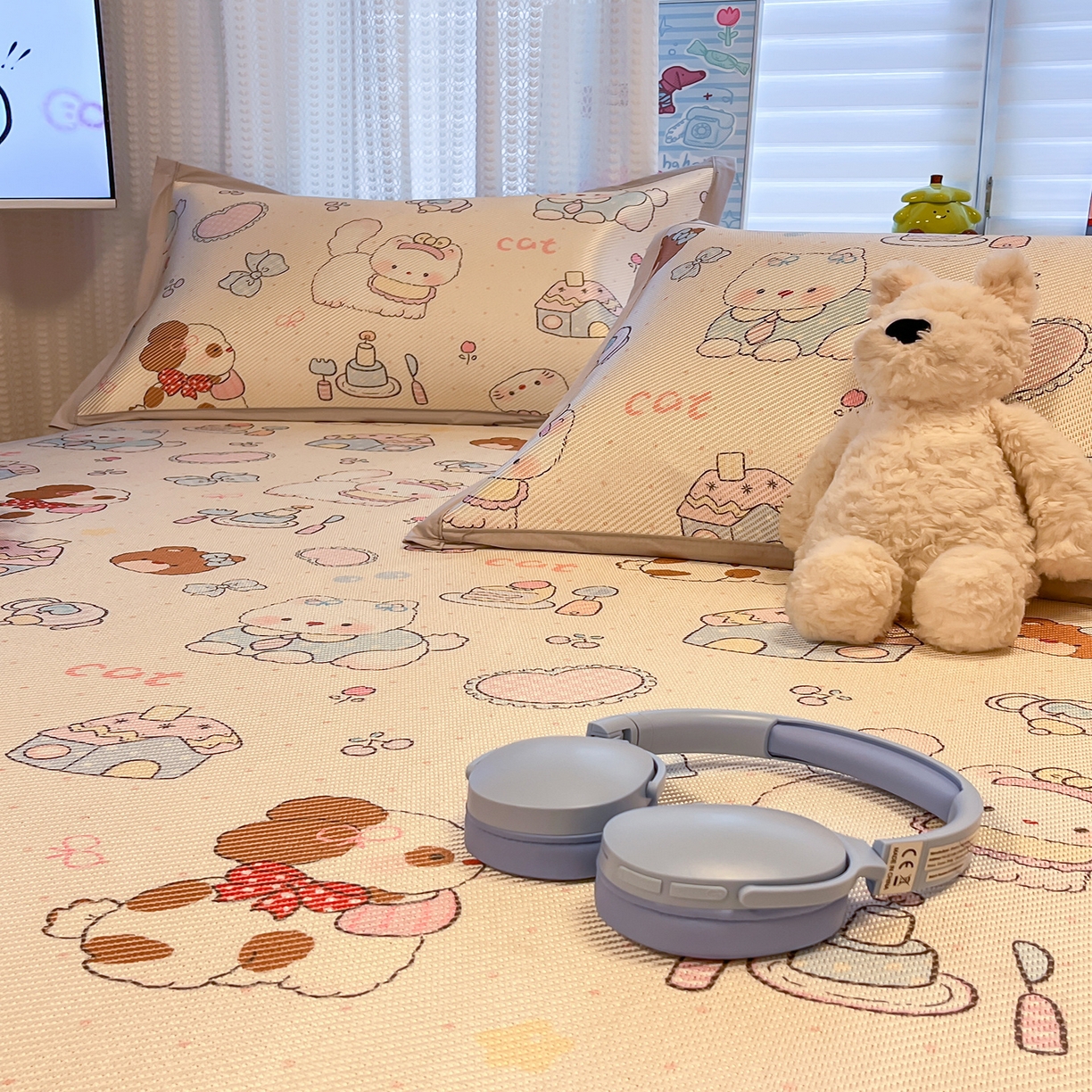 91家纺网 家纺一手货源 找家纺 懒猫家纺 2026春夏新款600D数码印花冰藤凉席席子-床笠款 甜品小屋