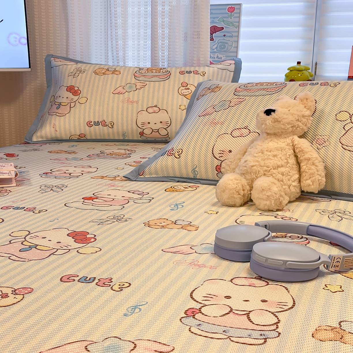 91家纺网 家纺一手货源 找家纺 懒猫家纺 2026春夏新款600D数码印花冰藤凉席席子-床笠款 甜心天使