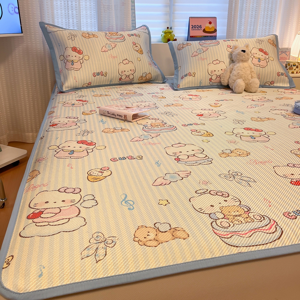 91家纺网 家纺一手货源 找家纺 懒猫家纺 2026春夏新款600D数码印花冰藤凉席席子-床笠款 甜心天使