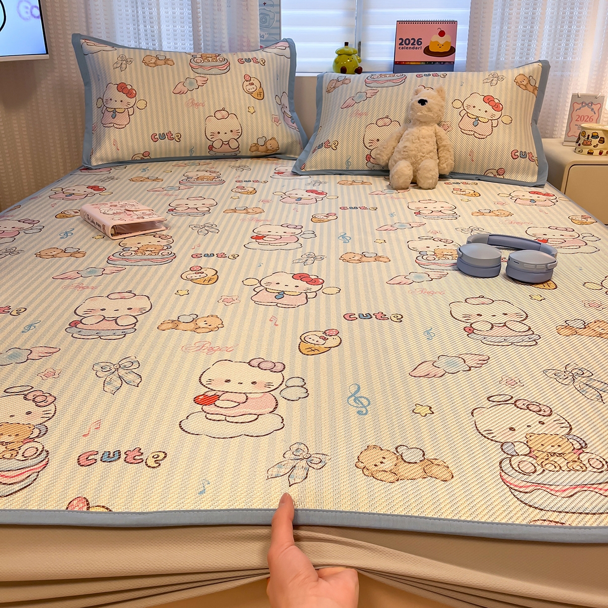 91家纺网 家纺一手货源 找家纺 懒猫家纺 2026春夏新款600D数码印花冰藤凉席席子-床笠款 甜心天使