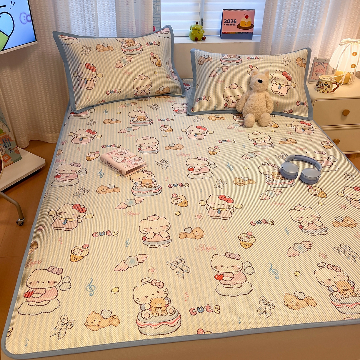 91家纺网 家纺一手货源 找家纺 懒猫家纺 2026春夏新款600D数码印花冰藤凉席席子-床笠款 甜心天使