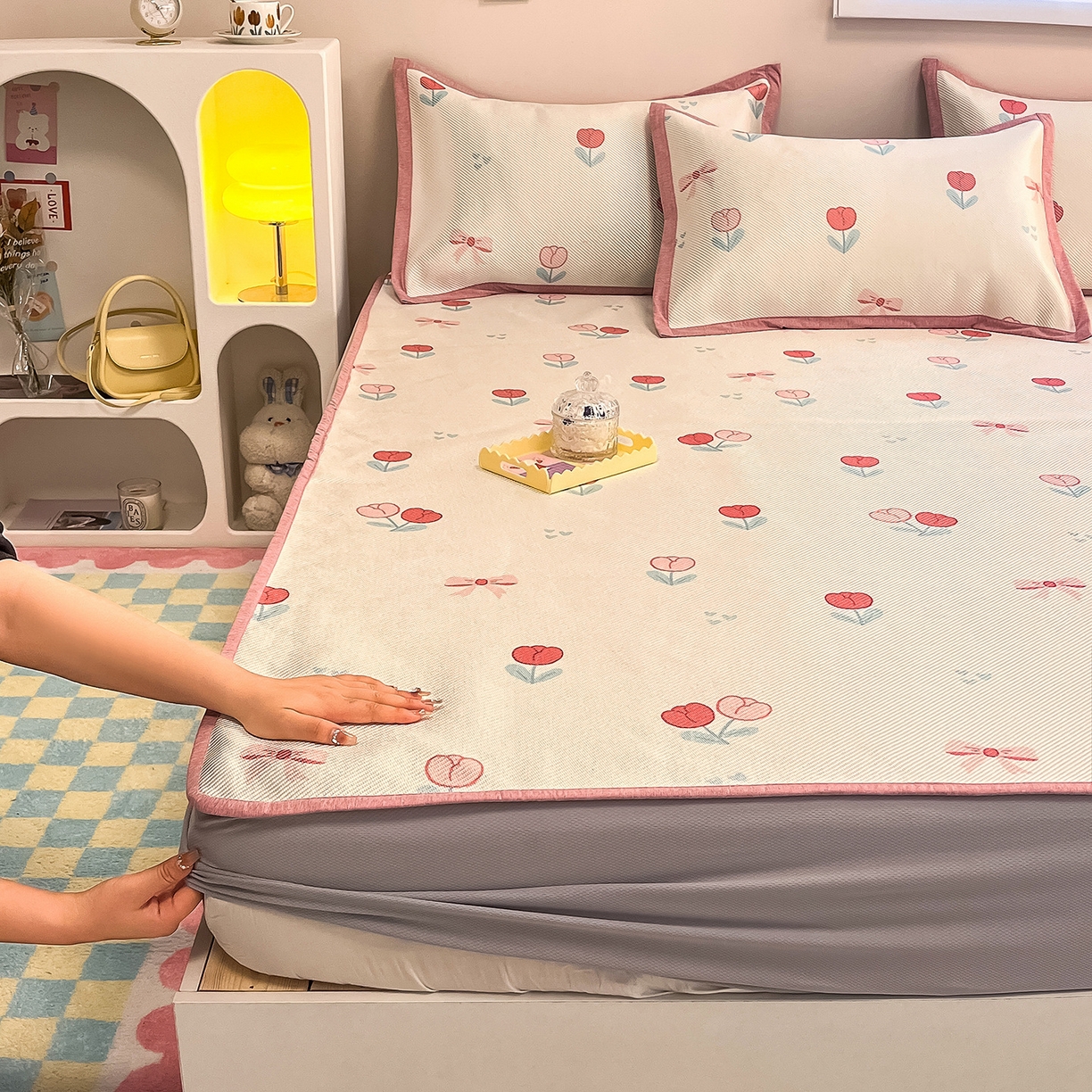 懒猫家纺 2026春夏新款600D数码印花冰藤凉席席子-床笠款 郁金香