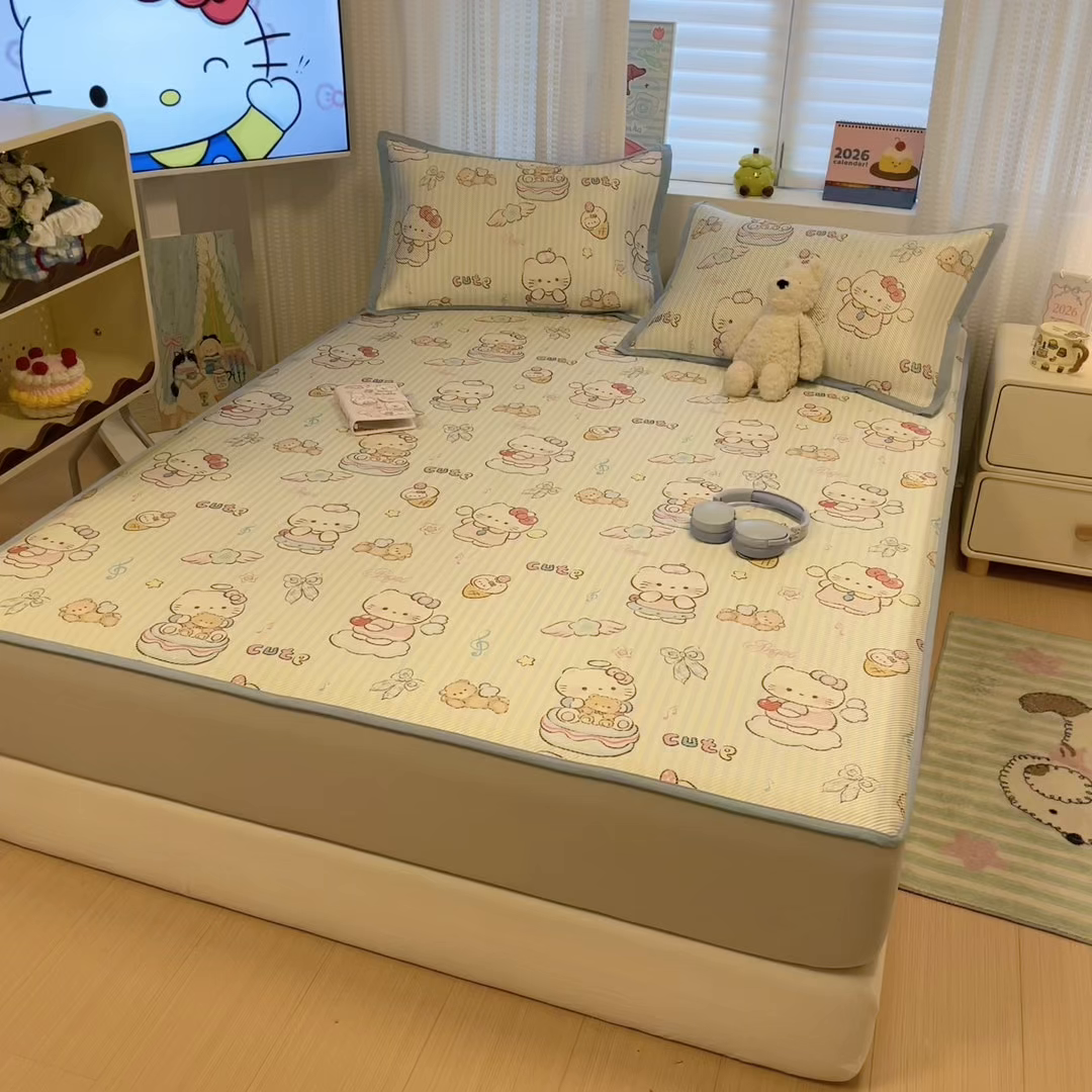 91家纺网 家纺一手货源 找家纺 懒猫家纺 2026春夏新款600D数码印花冰藤凉席席子-床笠款 甜心天使