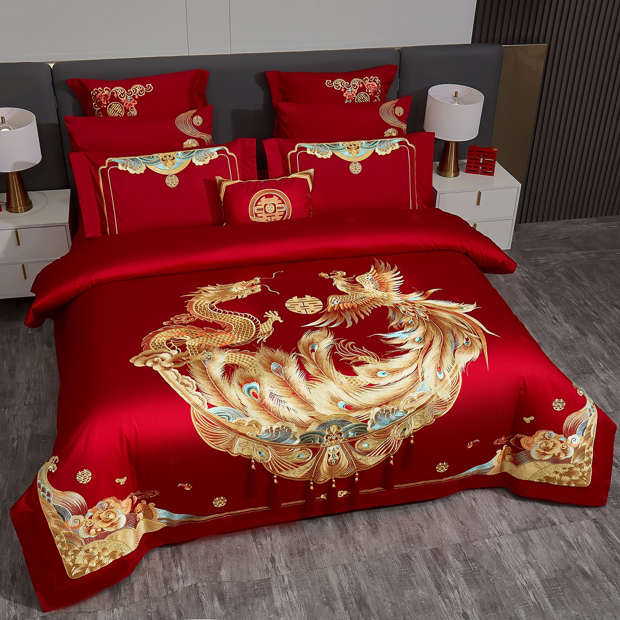 91家纺网 家纺一手货源 找家纺 蒂爵 2026新款提花顶奢重工绣花工艺款婚庆四件套多件套490系列 鸿福满堂