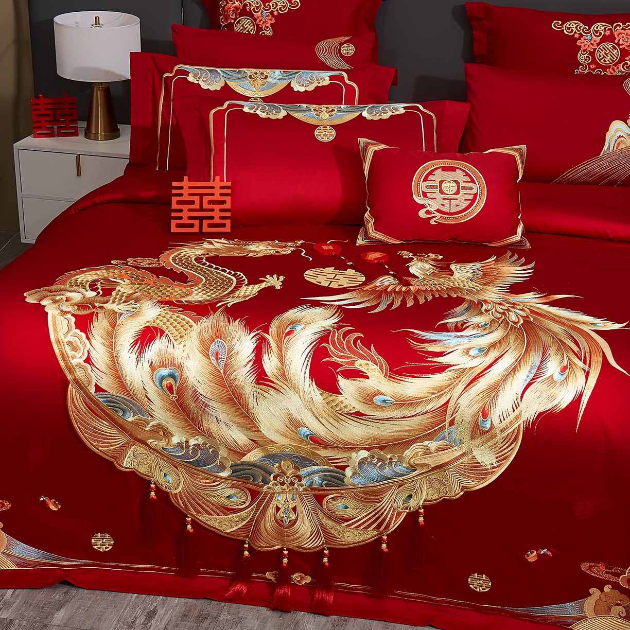 91家纺网 家纺一手货源 找家纺 蒂爵 2026新款提花顶奢重工绣花工艺款婚庆四件套多件套490系列 鸿福满堂