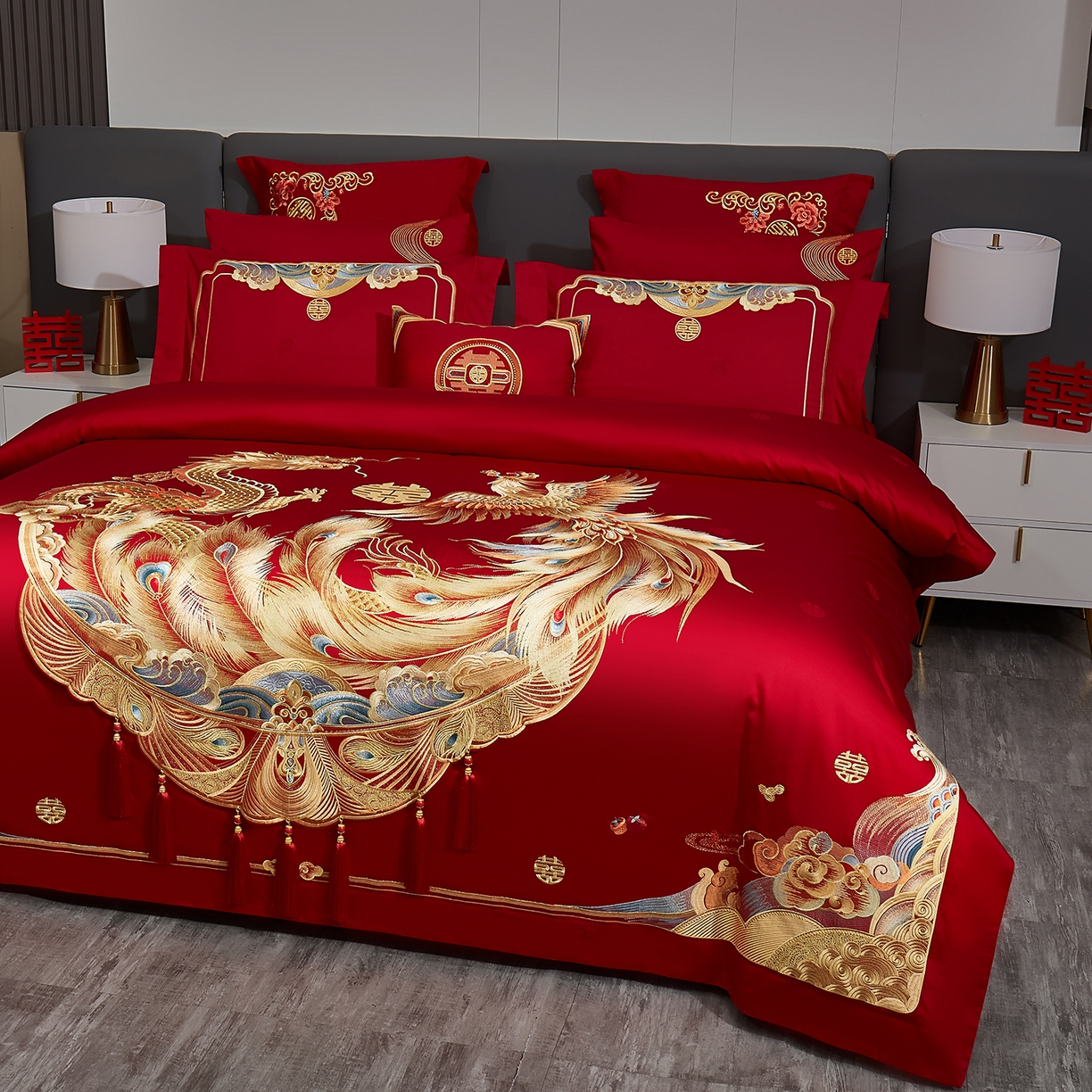 91家纺网 家纺一手货源 找家纺 蒂爵 2026新款提花顶奢重工绣花工艺款婚庆四件套多件套490系列 鸿福满堂