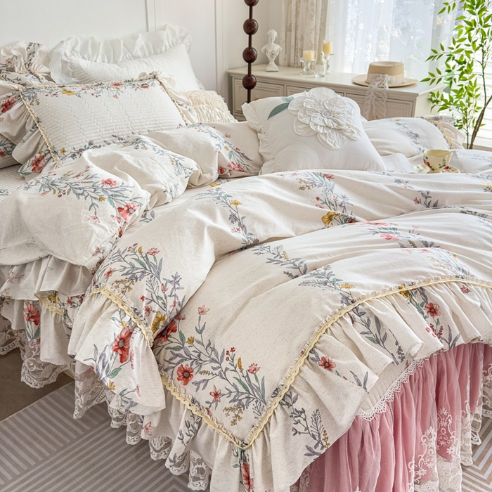 91家纺网 家纺一手货源 找家纺 菊上家纺 2026新款法式田园风蕾丝床裙 芳菲粉