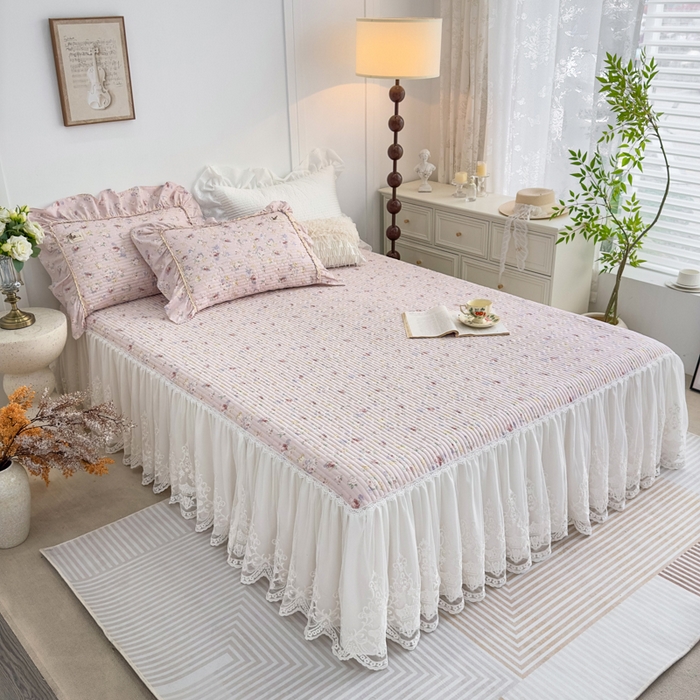 91家纺网 家纺一手货源 找家纺 菊上家纺 2026新款法式田园风蕾丝床裙 梦迪粉