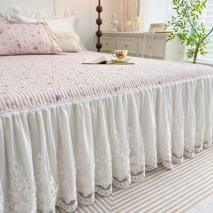 91家纺网 家纺一手货源 找家纺 菊上家纺 2026新款法式田园风蕾丝床裙 梦迪粉