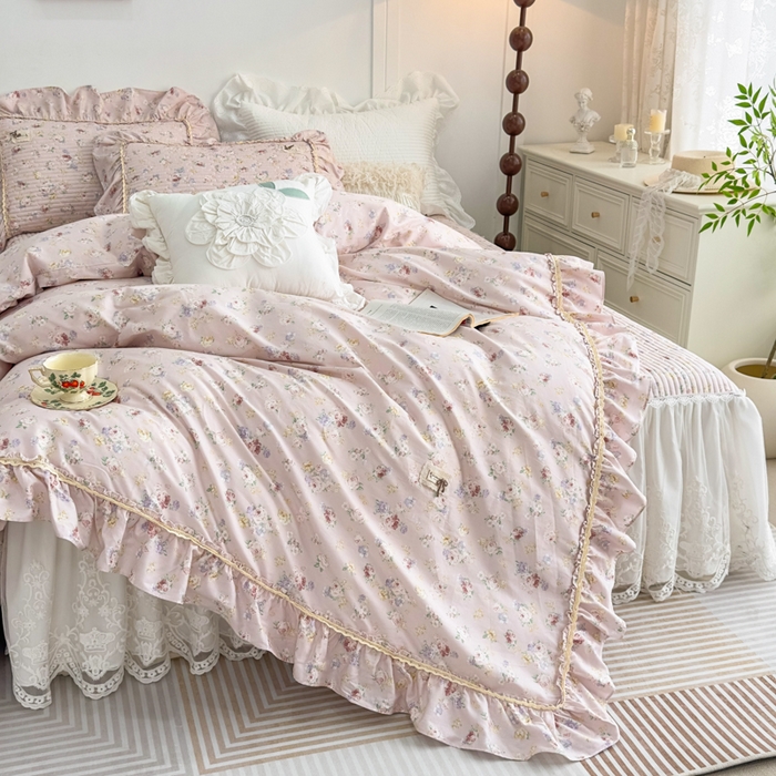 91家纺网 家纺一手货源 找家纺 菊上家纺 2026新款法式田园风蕾丝床裙 梦迪粉