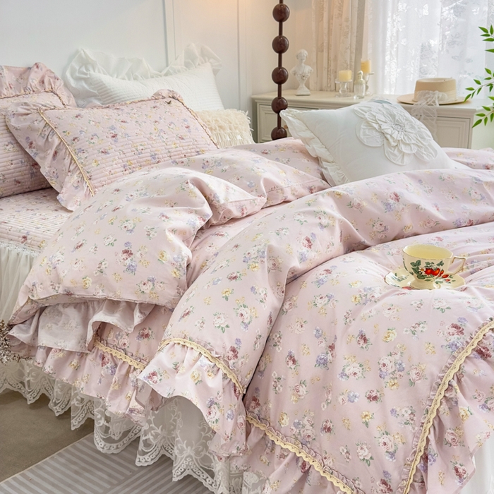 91家纺网 家纺一手货源 找家纺 菊上家纺 2026新款法式田园风蕾丝床裙 梦迪粉