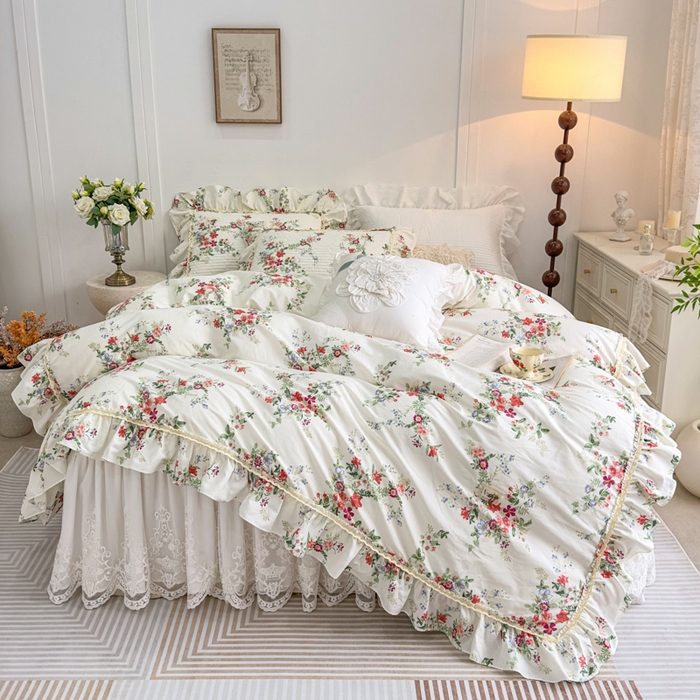 91家纺网 家纺一手货源 找家纺 菊上家纺 2026新款法式田园风蕾丝床裙 梦青栀