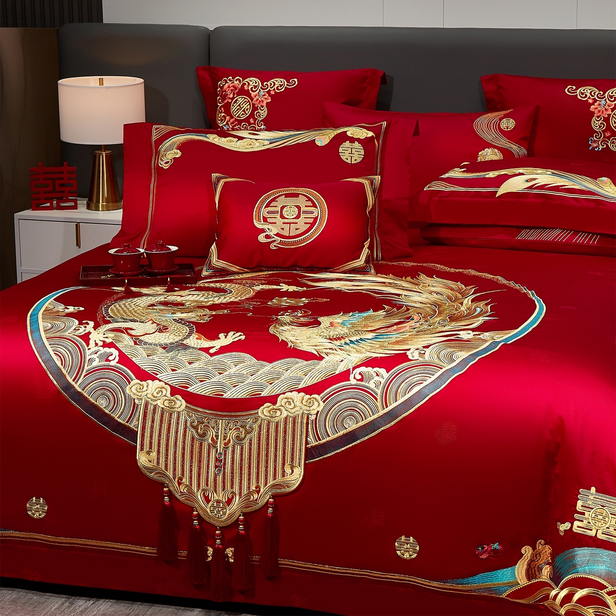 91家纺网 家纺一手货源 找家纺 蒂爵 2026新款提花顶奢重工绣花工艺款婚庆四件套多件套490系列 龙凤瑞彩