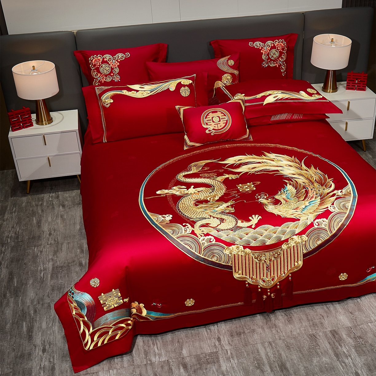 91家纺网 家纺一手货源 找家纺 蒂爵 2026新款提花顶奢重工绣花工艺款婚庆四件套多件套490系列 龙凤瑞彩