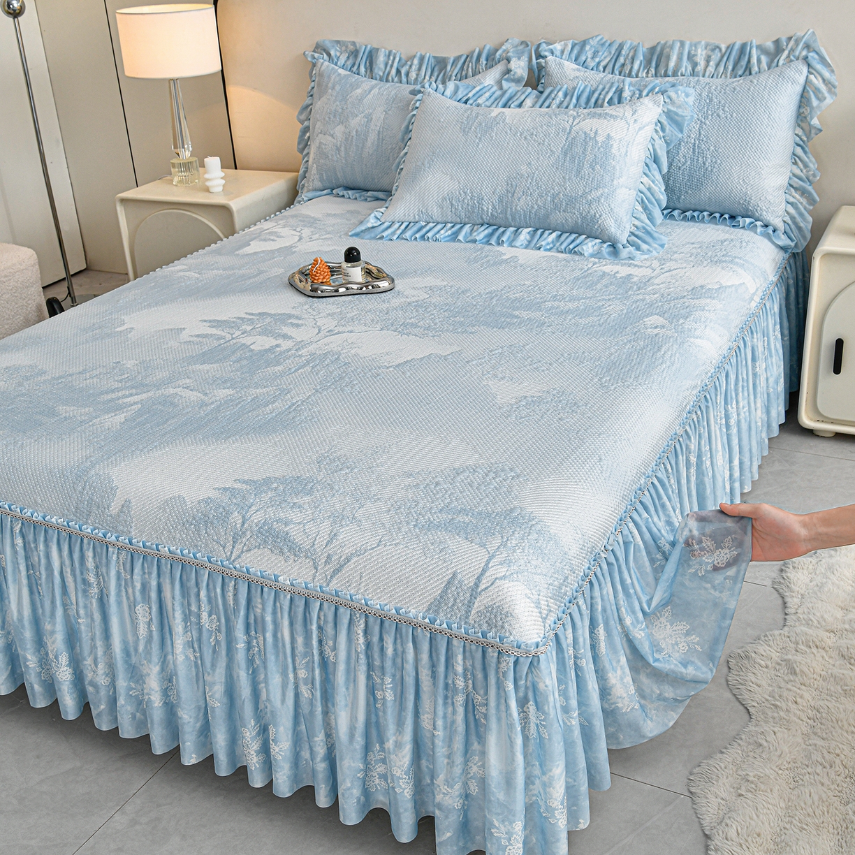 91家纺网 家纺一手货源 找家纺 （总）民新家纺 2026新款PE乙纶冰豆豆床裙款凉席三件套